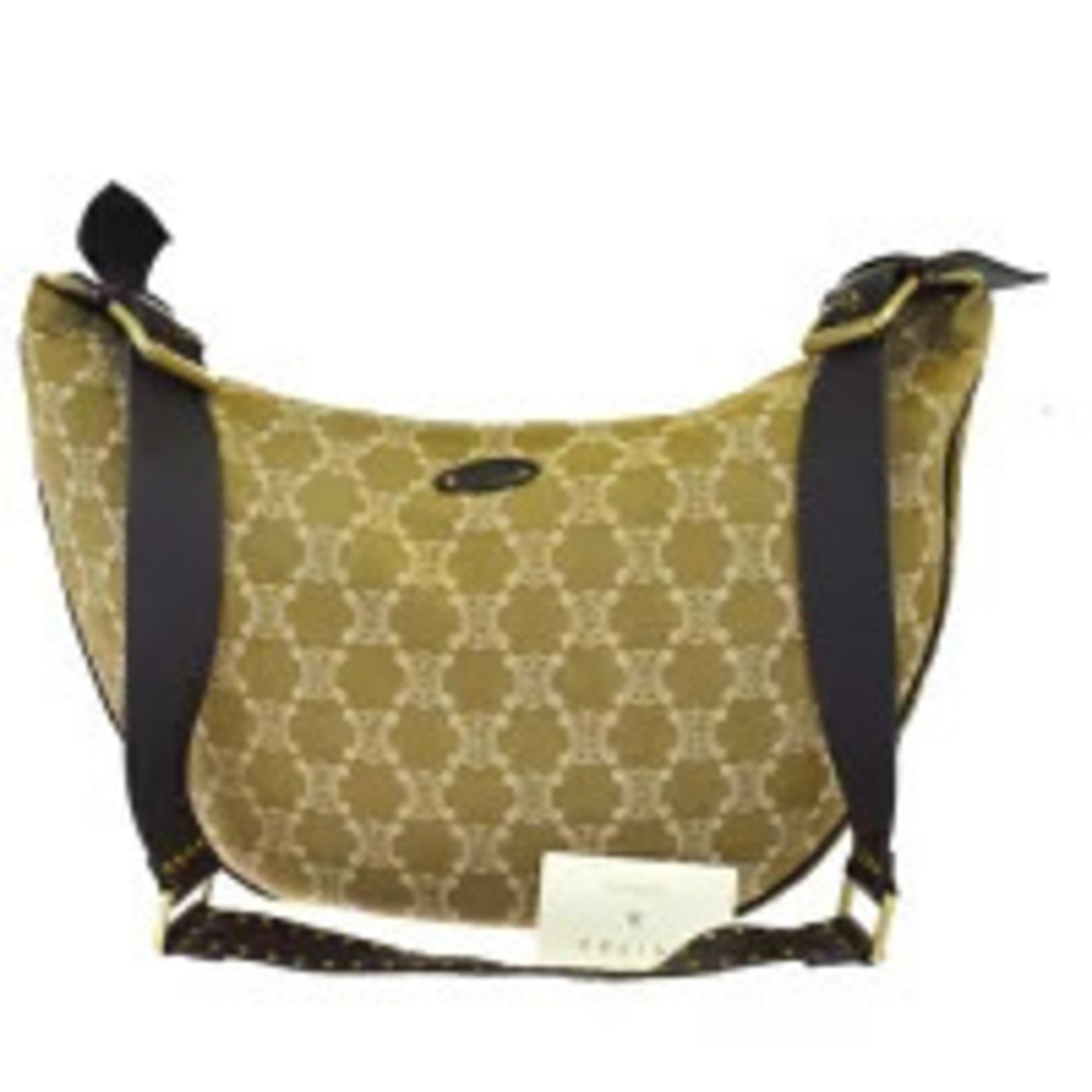 Celine Paris Macadam Shoulder Bag Studded Khaki Green Brown Canvas Leather